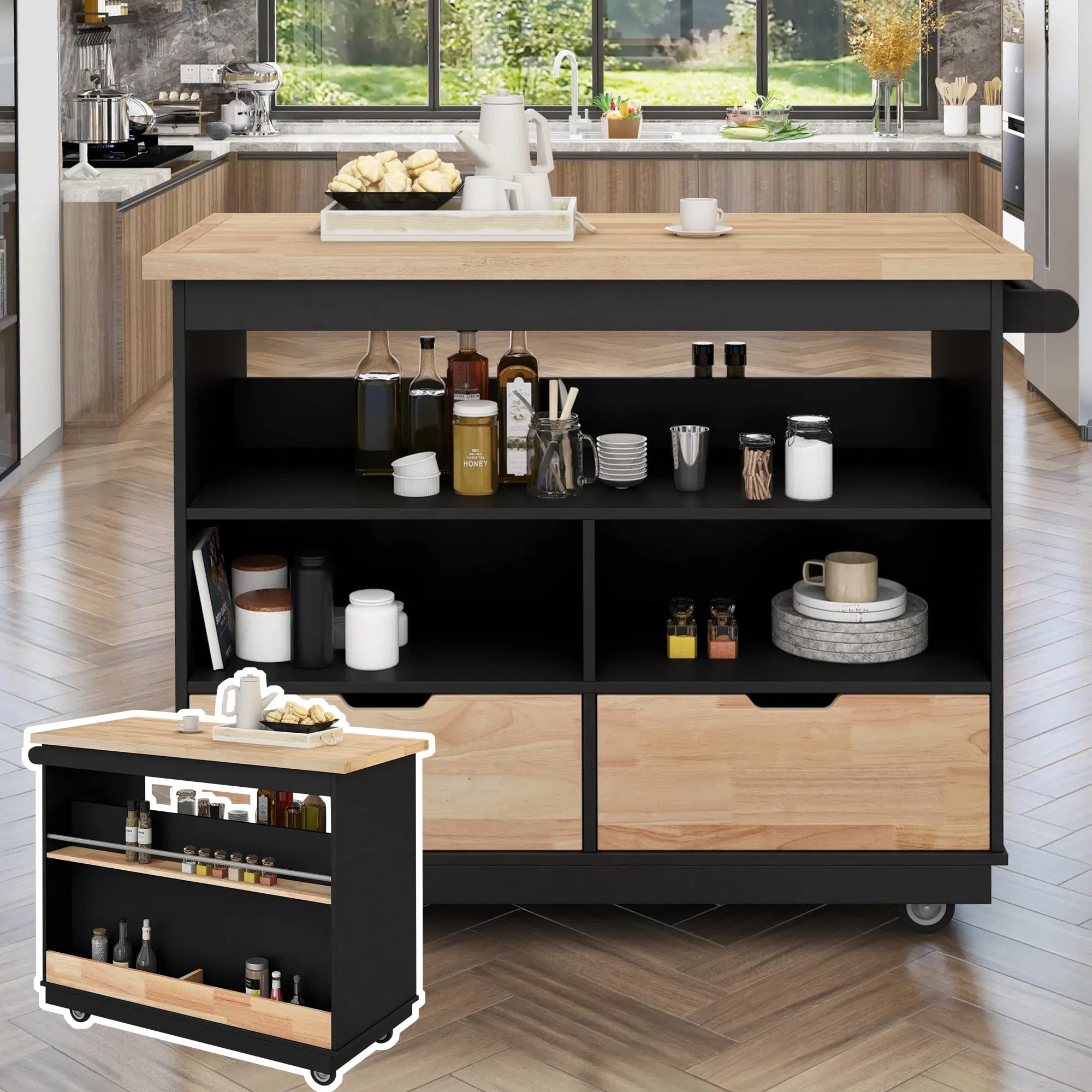 Rolling Mobile Kitchen Island with Side Storage, Kitchen Island Cart