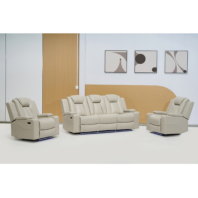 Beige Leather Home Theater Power Recliner Sofa Set with Multifunctional Speaker and LED