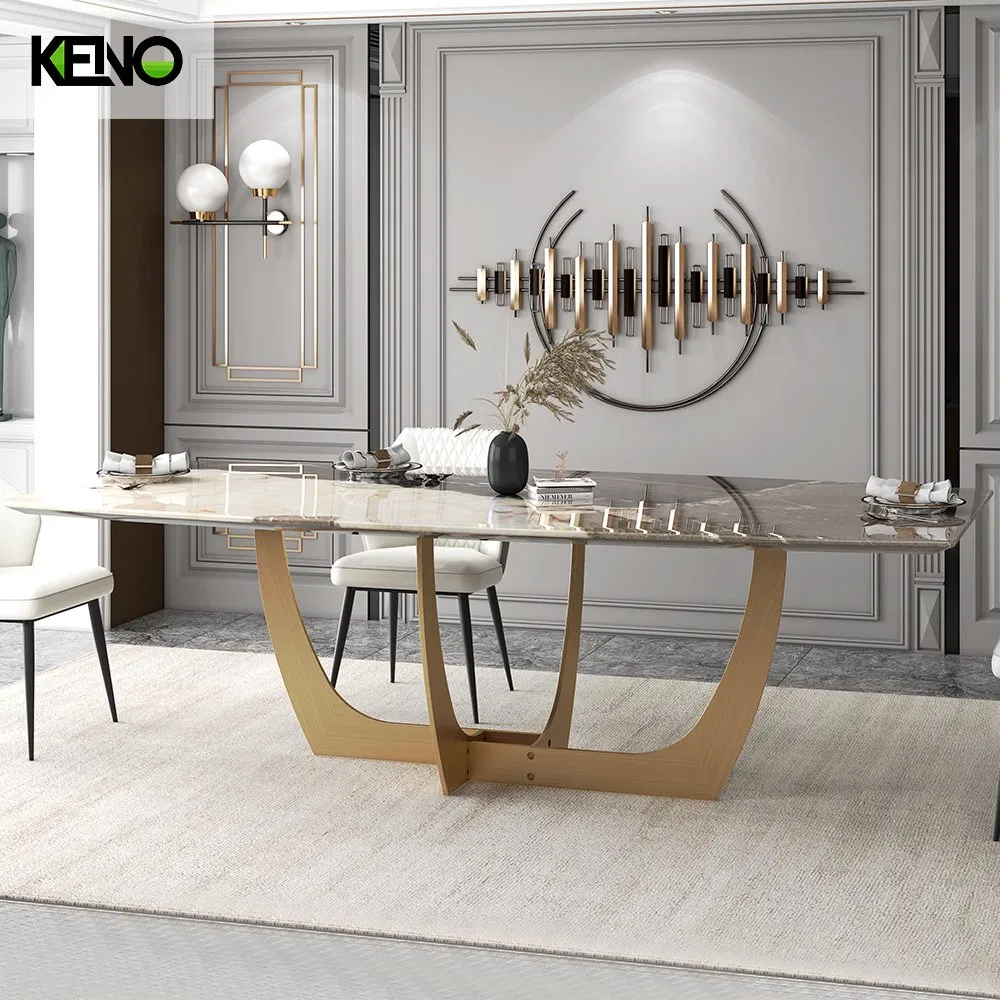 New Wholesale Home Furniture Nature Marble Dining Table with Brass Golden Stainless Steel Base