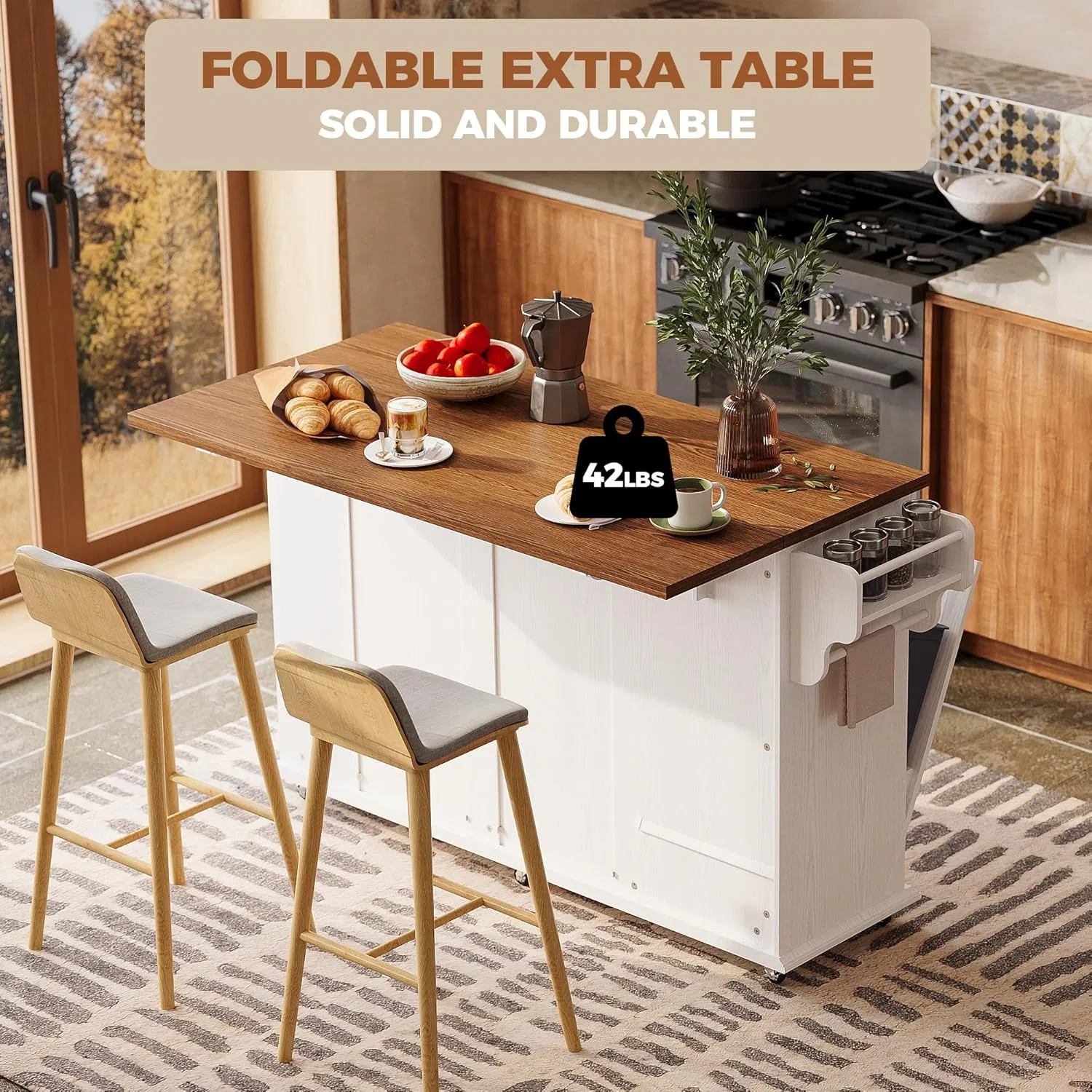 Large White Rolling Kitchen Island with Drop Leaf Breakfast Bar Tilt out Trash Bin and Power Outlet Workstation