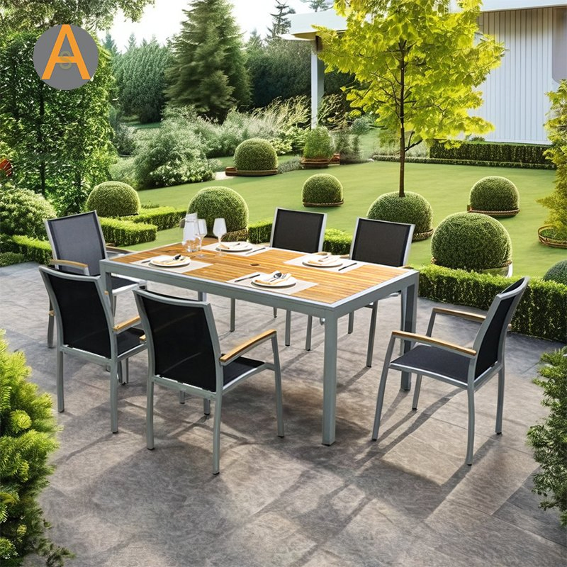 Guarantee Tailored High Quality Extendable Dining Set with Teak Wooden Table Top Aluminum Home Outdoor Furniture for Garden Living