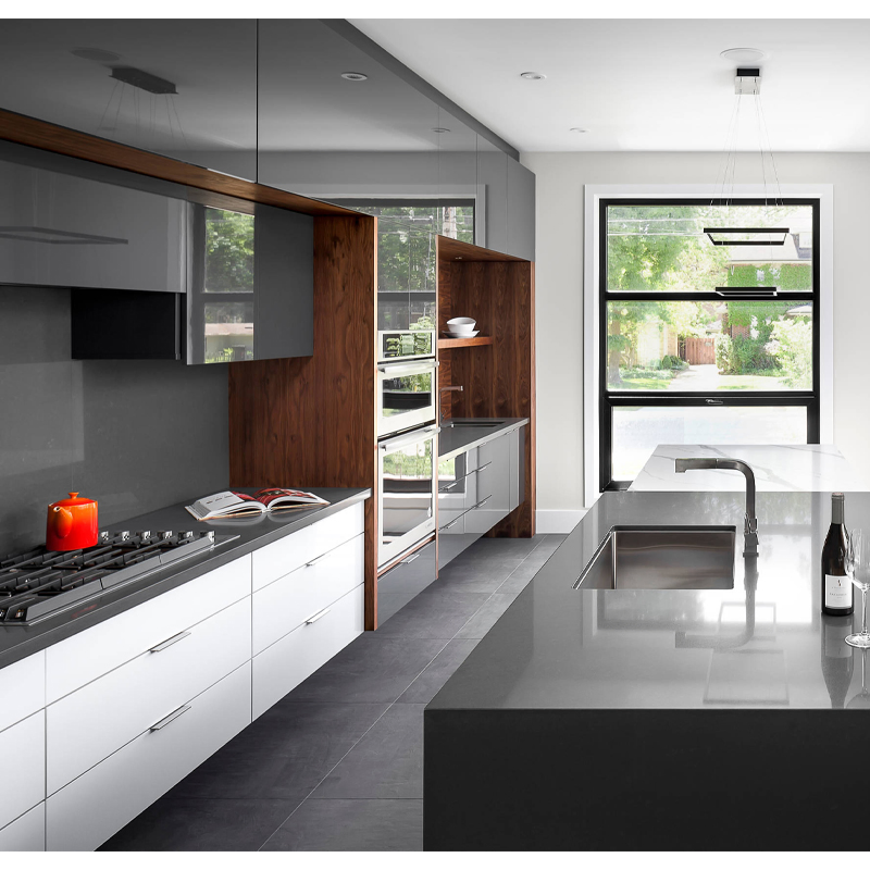 Grey High Gloss Lacquer Kitchen Cupboard and Wooden Island with Modern Design