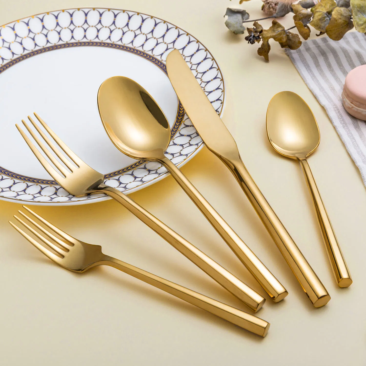 Elegant Hexagon Gold Stainless Steel Cutlery Set for Modern Dining