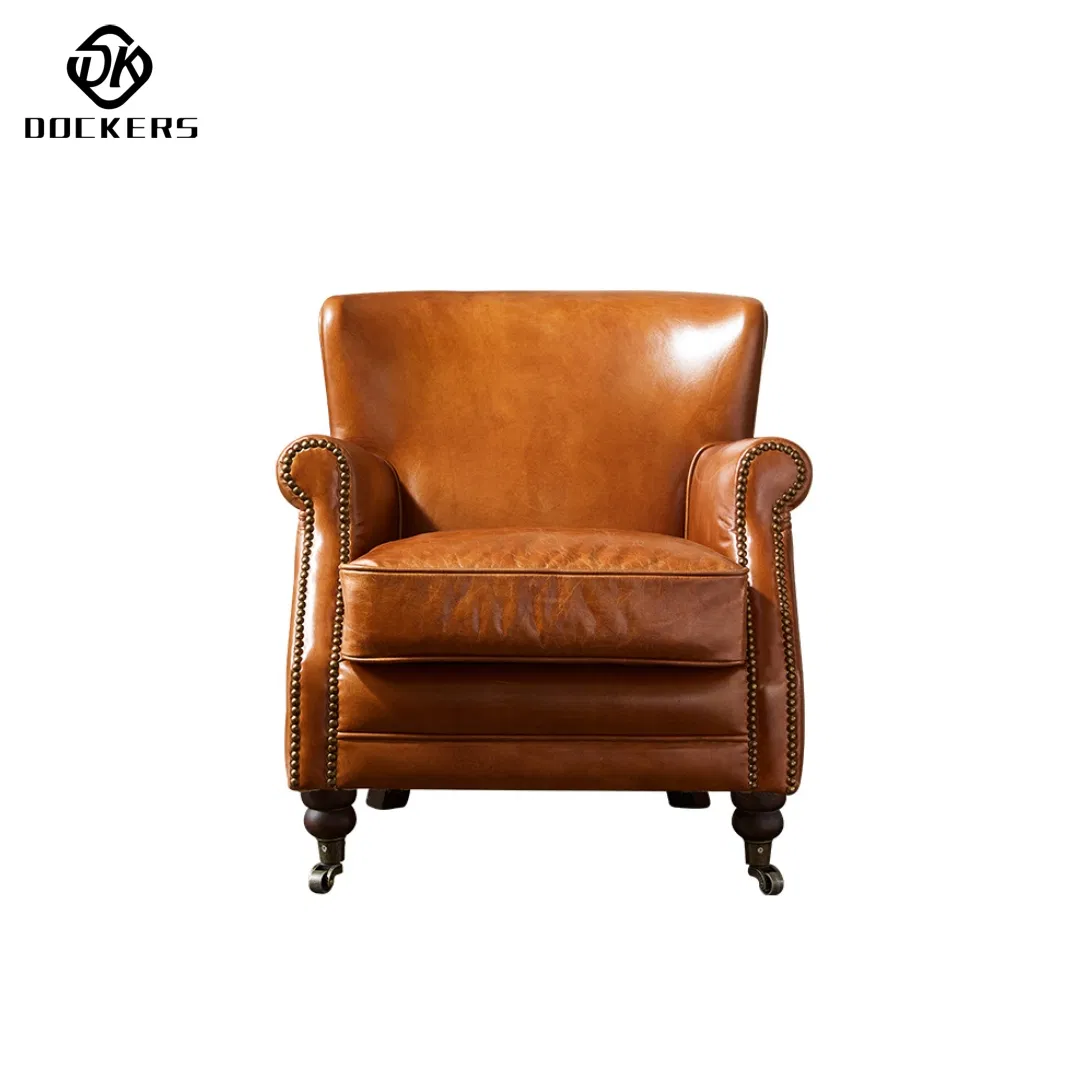 Home Living Room Vintage Furniture Wing Back Genuine Leather Side Sofa Accent Chair