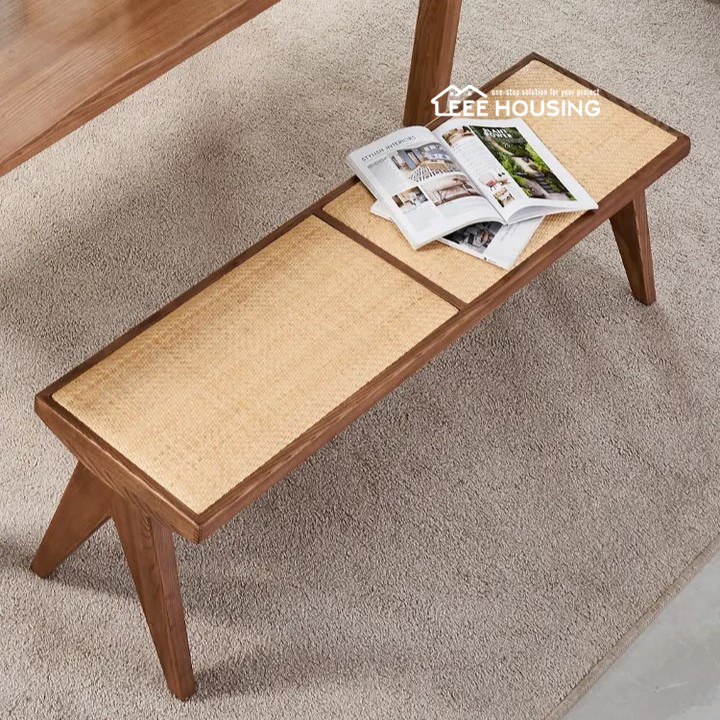 China Factory Supply Solid Wooden Rattan Cane Webbing Long Bench Living Room Dining Room Stool Shoes Chandigarh Stool