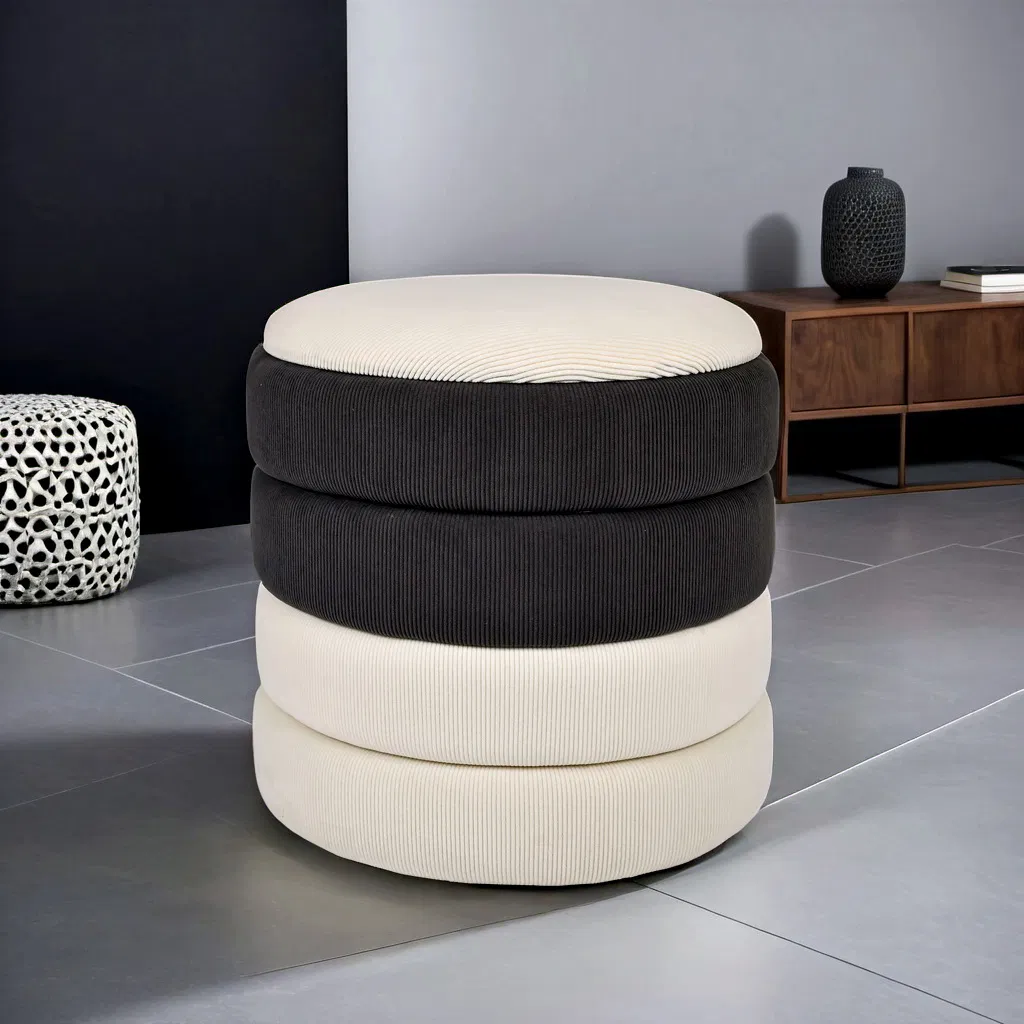 Round Storage Fabric Ottoman for Living Room, Bedroom