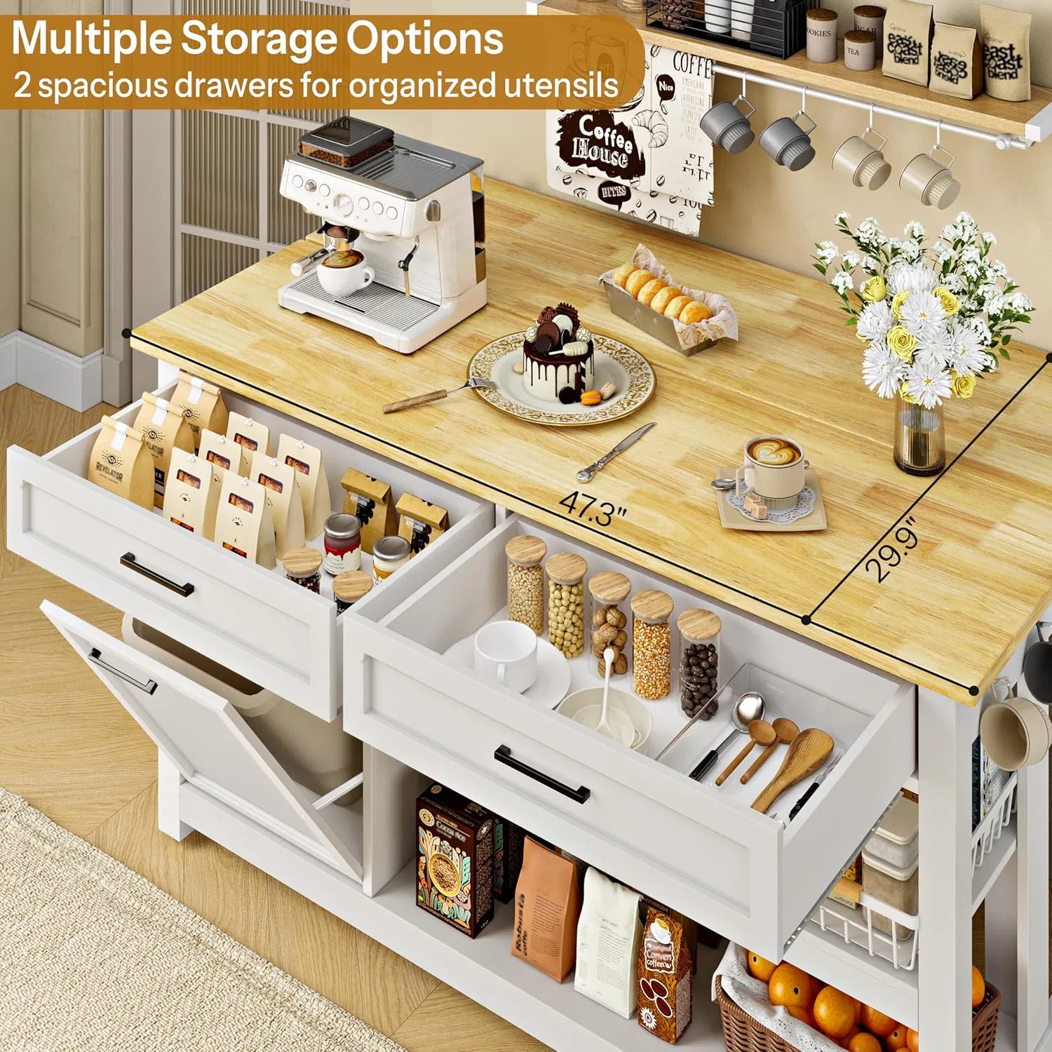 Multifunctional Microwave Stand Kitchen Center Island with Hidden Waste Bin and Overhang Countertop for Stools