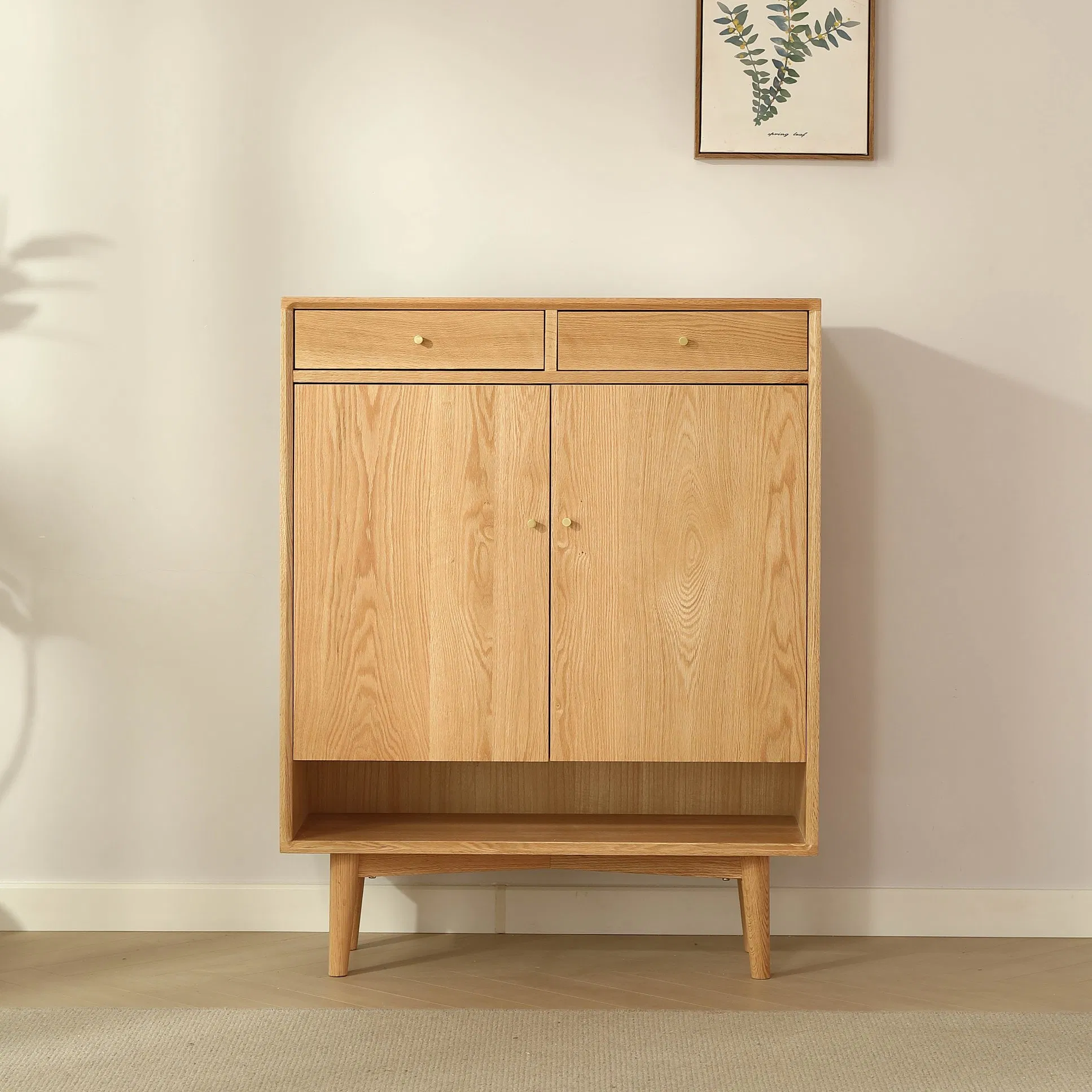 Living Room Entry Doorway Oak Wood Shoes Storage Cabinets with Glass Door