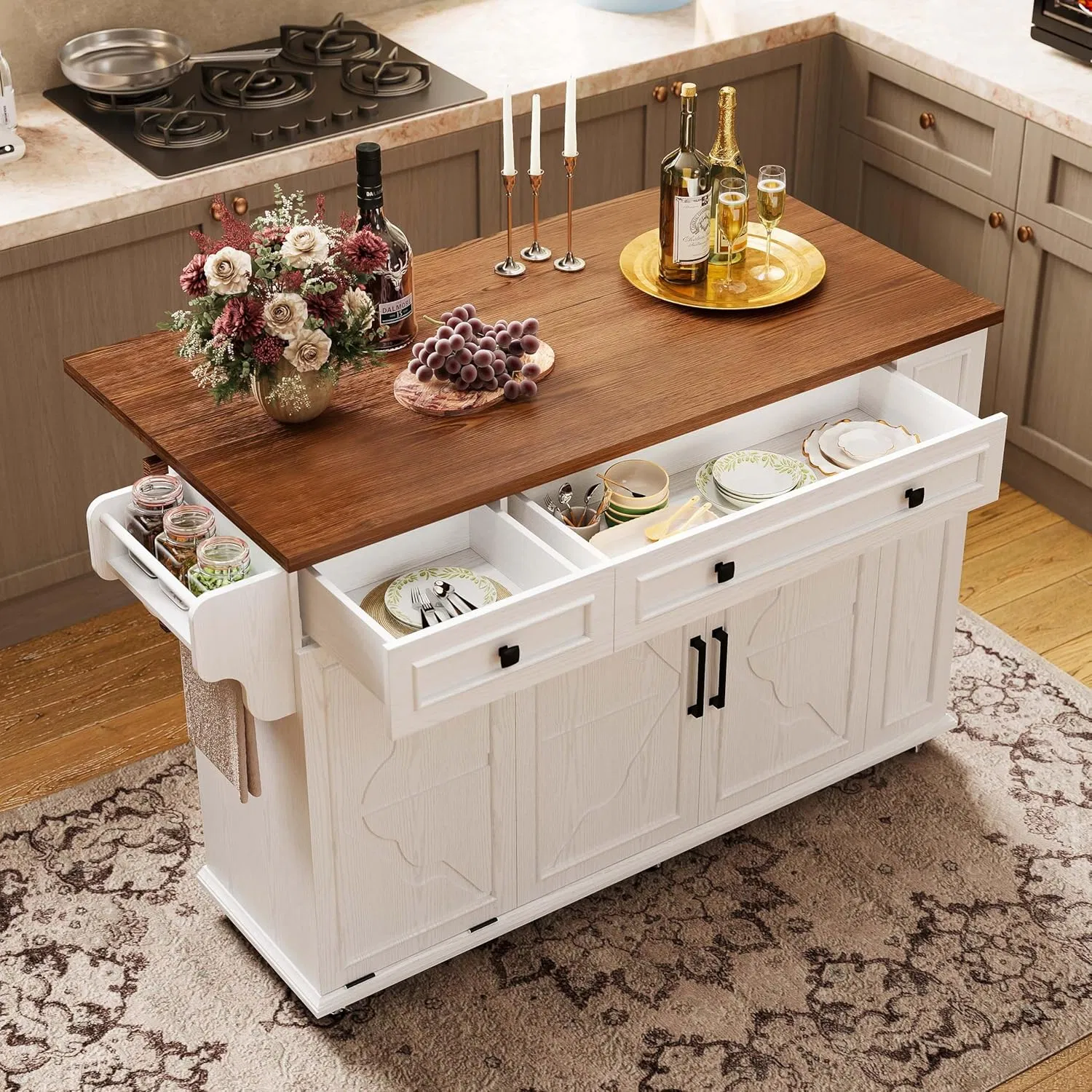 Large White Rolling Kitchen Island with Drop Leaf Breakfast Bar Tilt out Trash Bin and Power Outlet Workstation