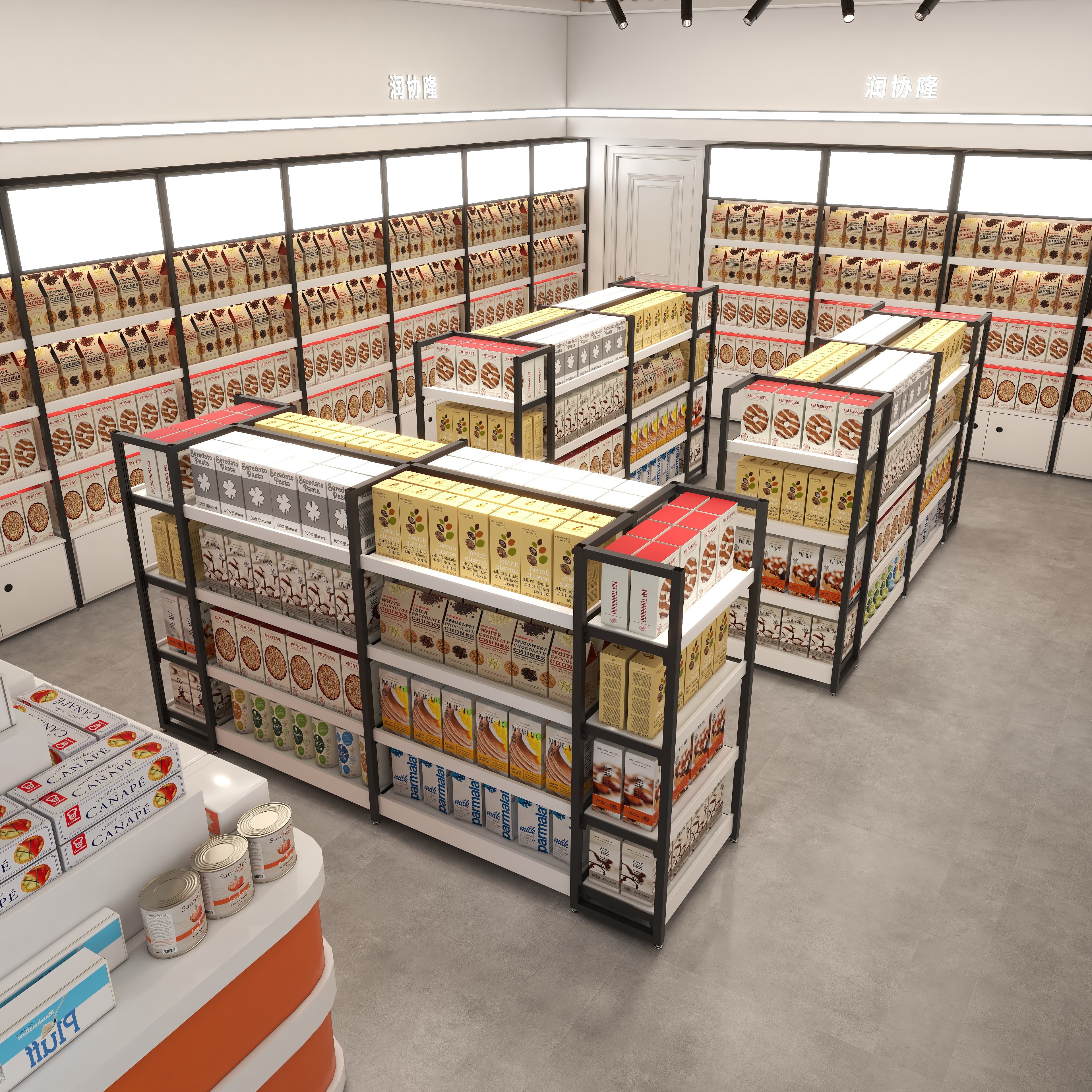 Double-Sided Supermarket Rack Light Duty Steel and Wood Display Shelves with Island Iron Combined for Optimal Visibility