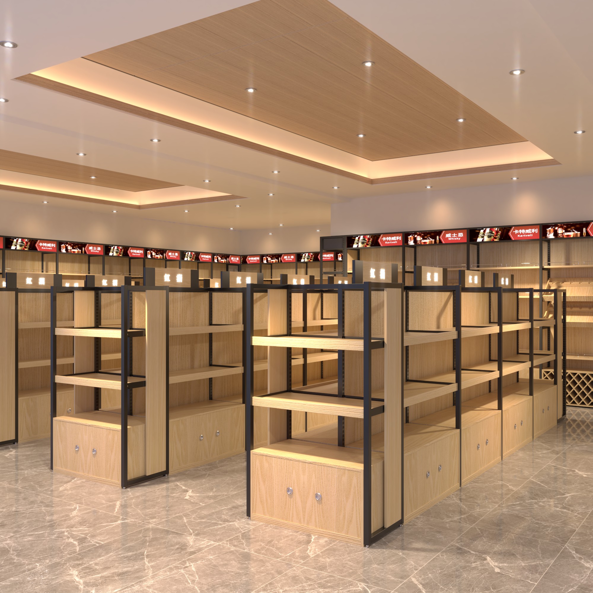 Double-Sided Red Wine Display Rack Steel and Wood Shelves for Supermarket Tobacco and Hotel Commercial Display Cabinets