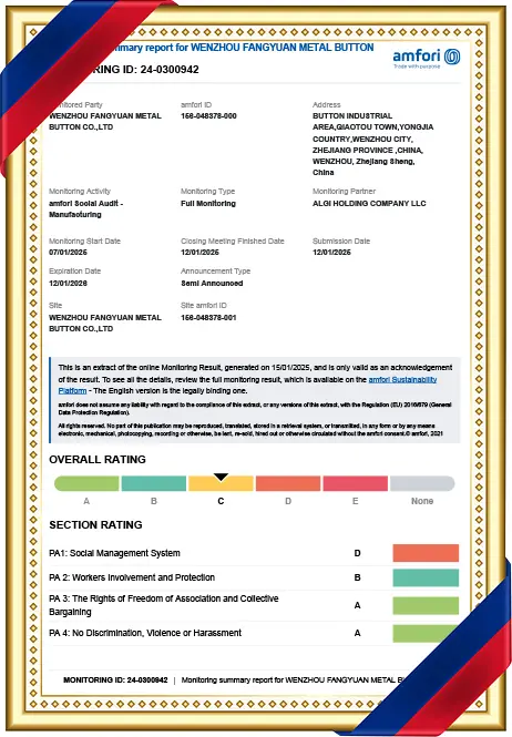 Fangyuan Metal Button ISO14001:2004 Environmental Management System Certificate