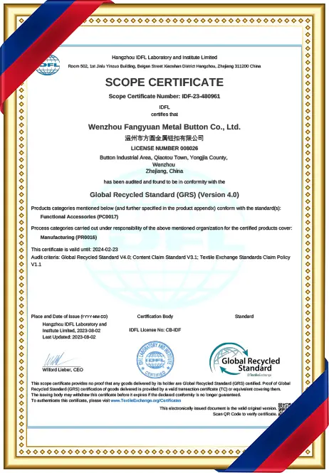 Oeko-Tex Standard 100 EU Environmental Label Certification for metal buttons