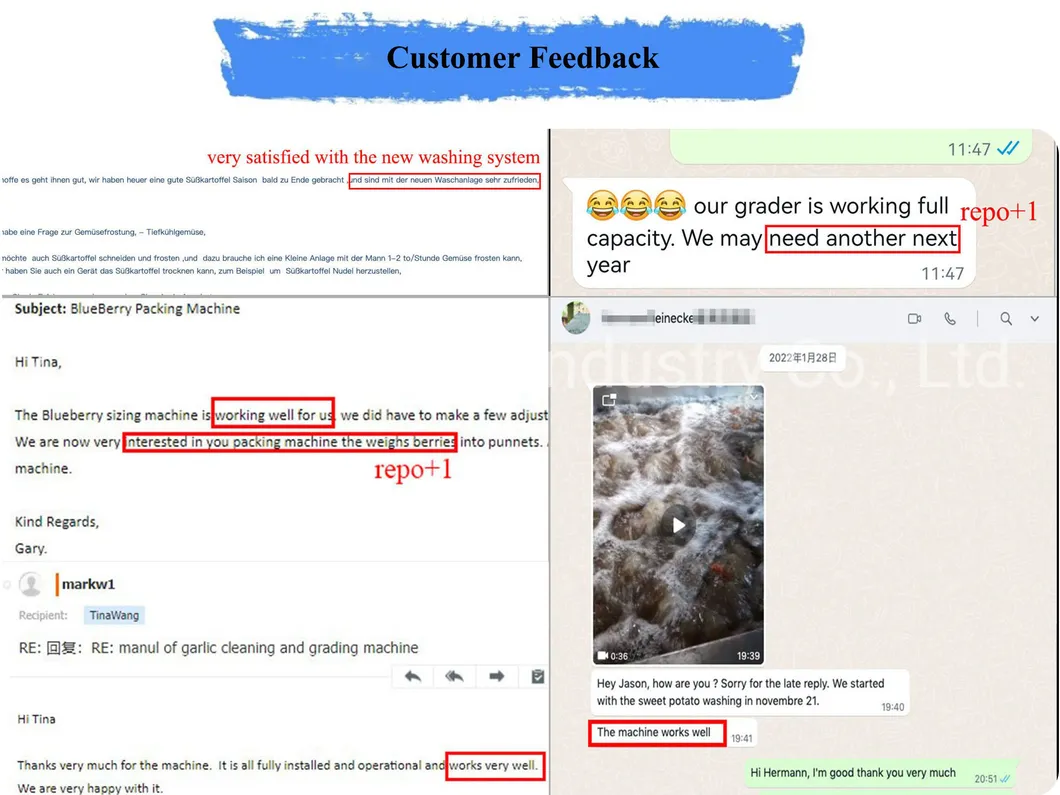 Comentarios del cliente sobre la clasificadora de verduras y pepinillos