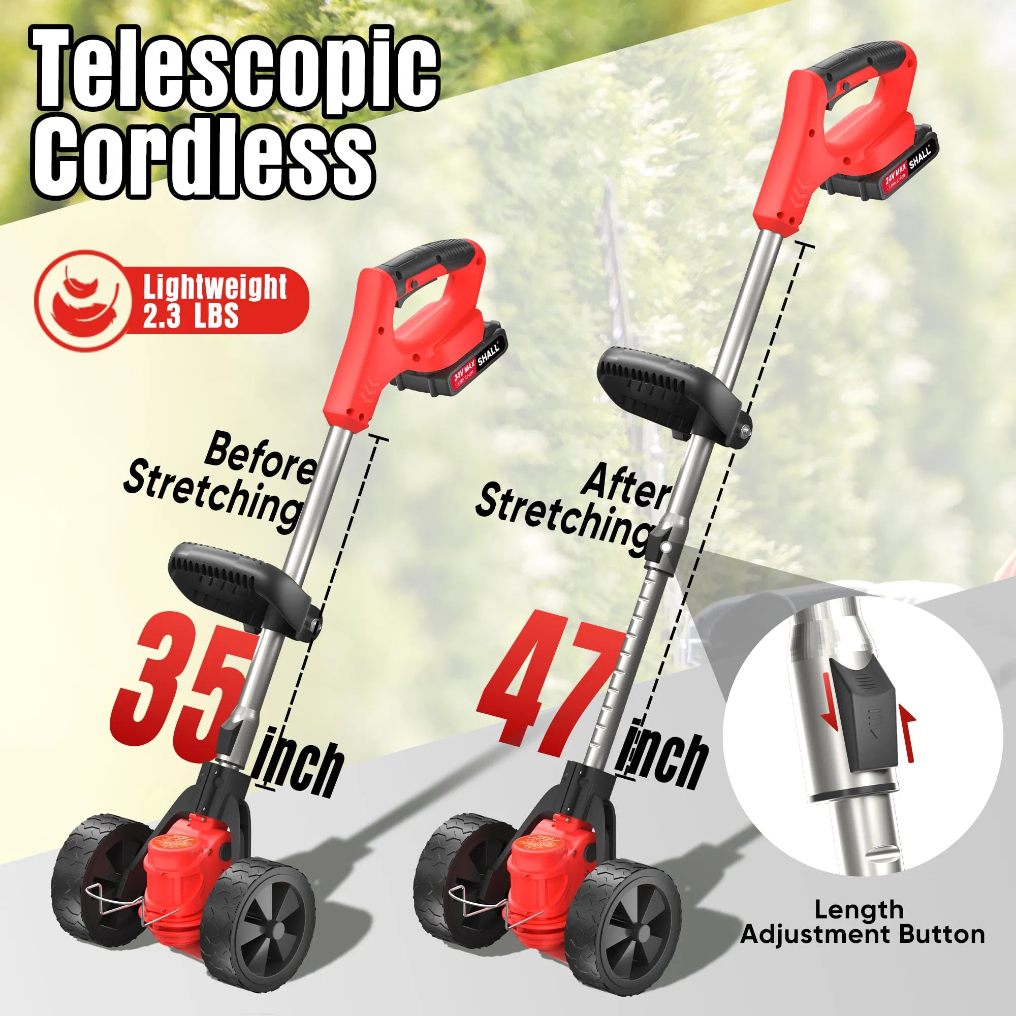 24V Desmalezadora Inalámbrica 3-in-1 Desmalezadora Eléctrica, Cortadora de Césped con Cuchillas y Rueda, con Mango Telescópico