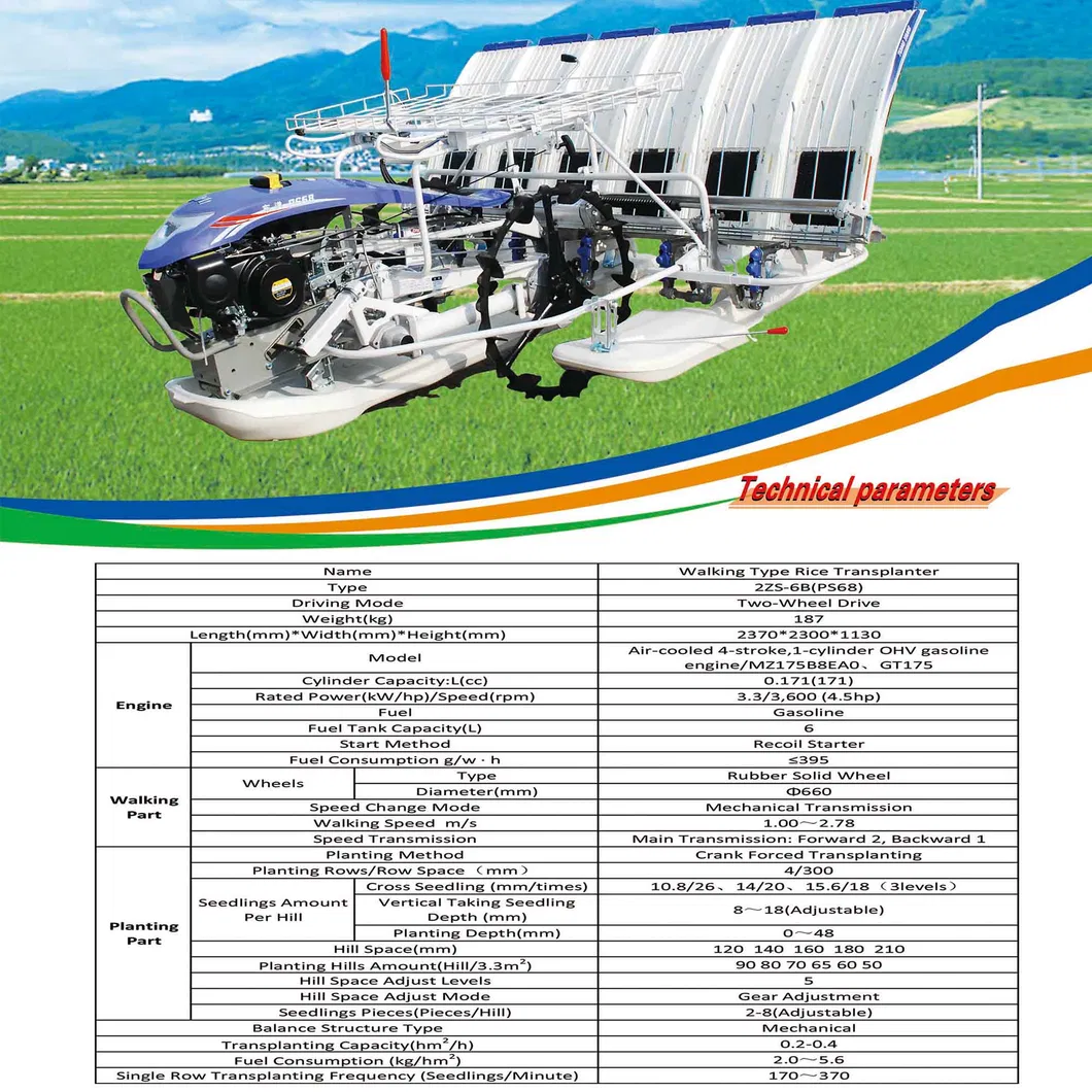 Gran Calidad 2.4 Kw Diesel 6 Filas Eficiente Transplantador de Arroz Manual