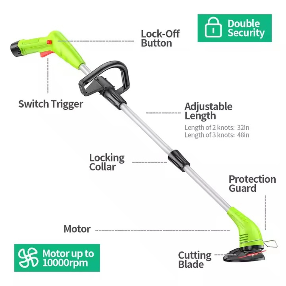 Cortadora de Césped Ergonómica 12V con Eje Telescópico para un Control Óptimo