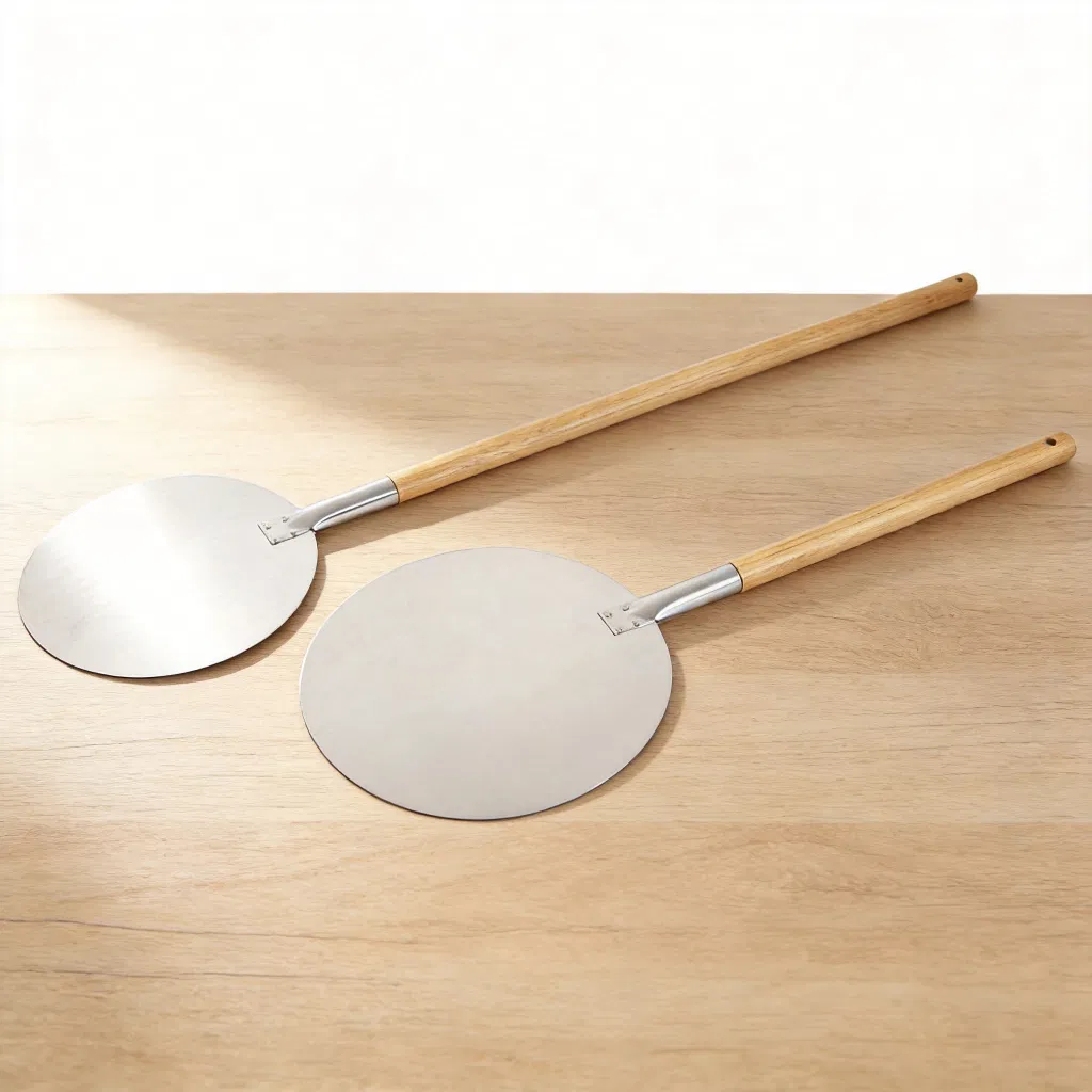 Pala de pizza de aluminio redonda premium con mango de madera ergonómico
