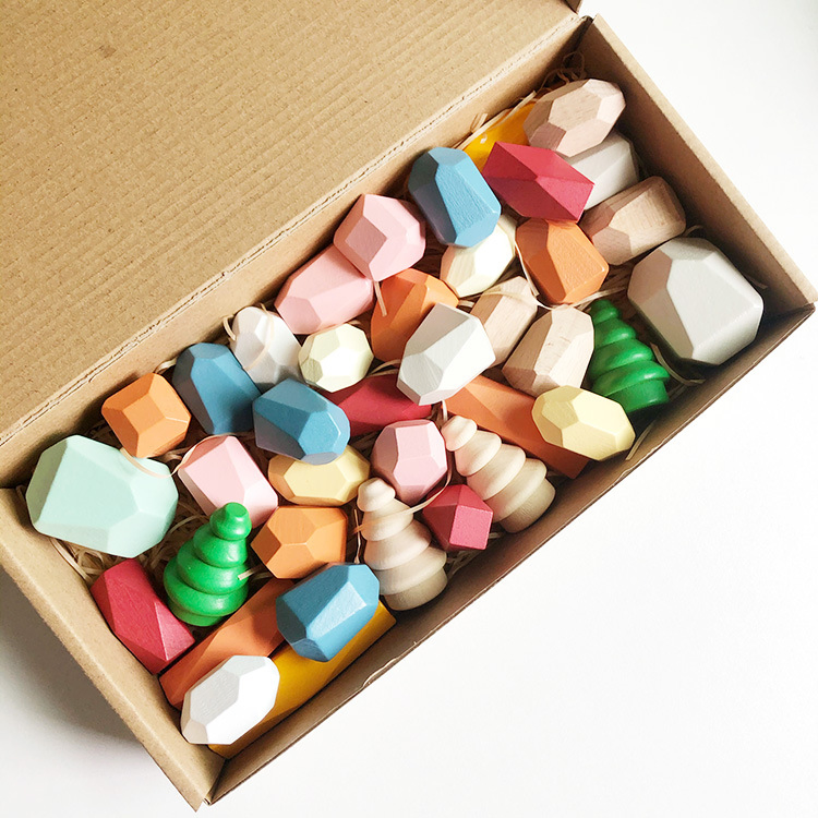 Wholesale Polular Kids Building Blocks Rainbow Sorting Stacking Rocks Balancing Wooden Stone Toys