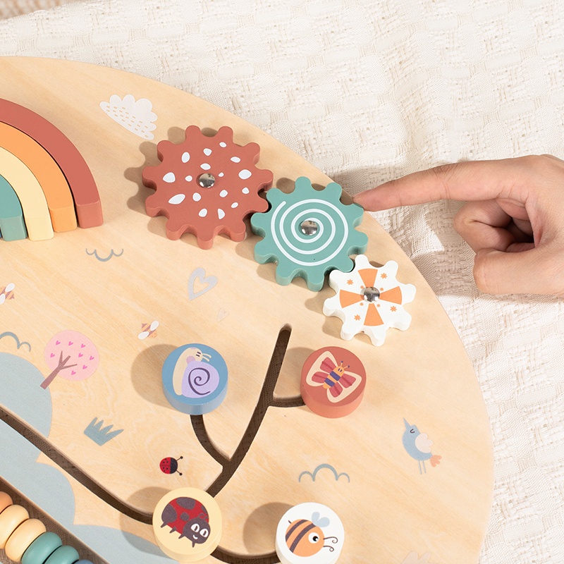 Wooden Activity Board with Rainbow Stacker, Gears, and Abacus for Toddlers, Montessori Educational Sensory Busy Board for Kids