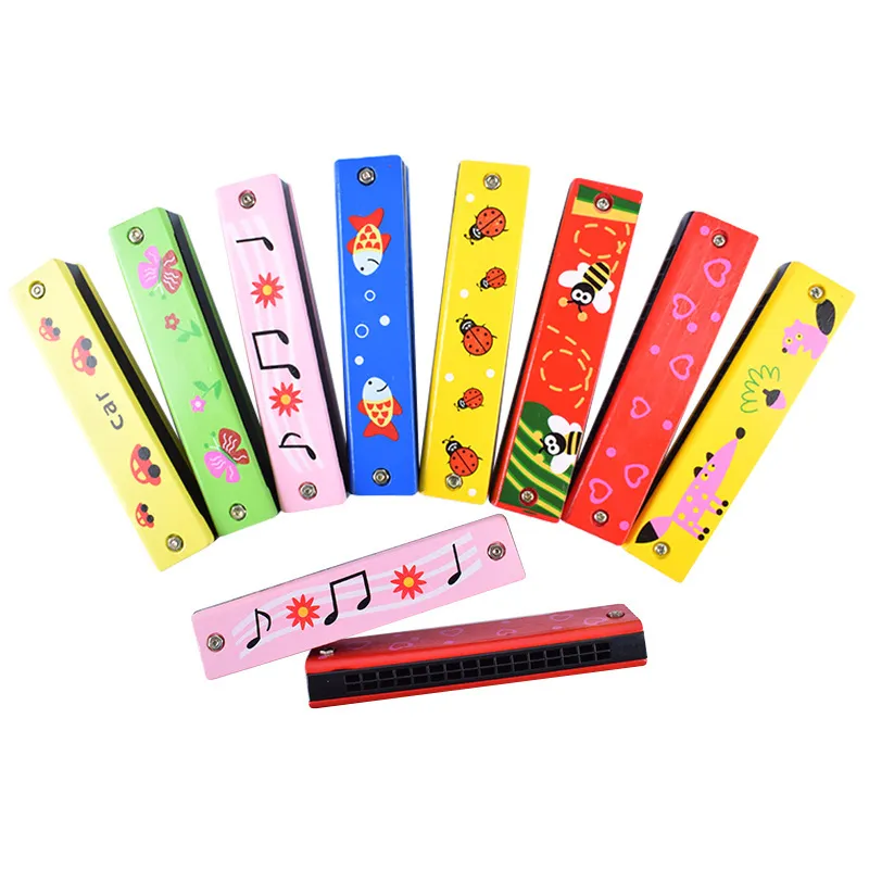 Wholesale Wood Harmonica Kid Wooden Painted Harmonica Wooden Musical Instrument Toys Cartoon Harmonica