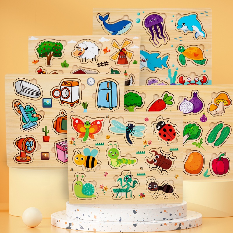 Wooden Puzzle Toy Animal Fruit Shape Jigsaw Kids Montessori Toy Early Learning Educational Cognitive Matching Board for Toddlers