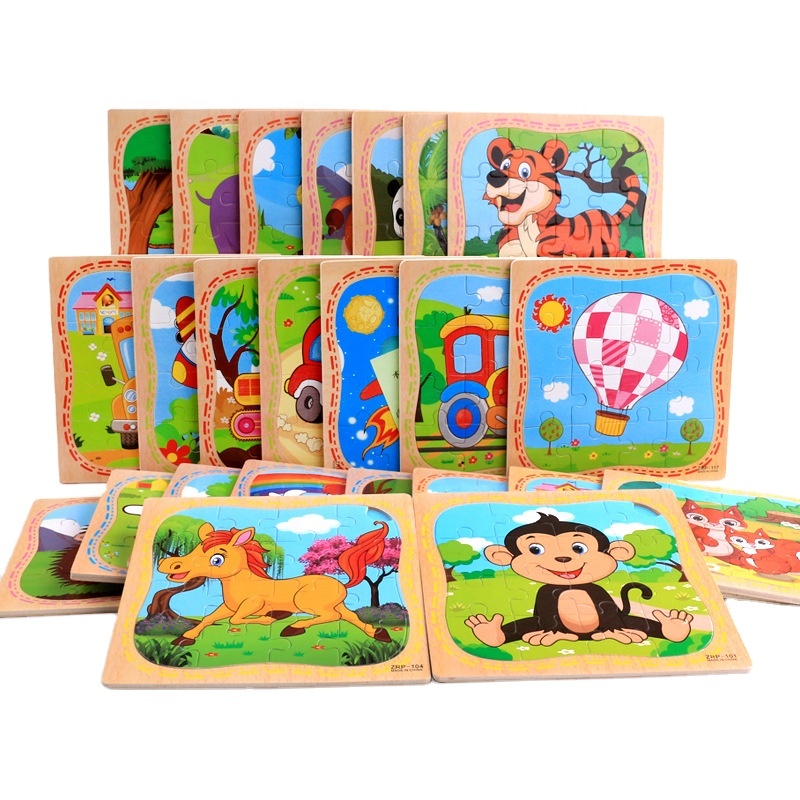16 Pcs Montessori Educational Wooden Toys for Children Kids Exercise Teaching Aids Early Learning Cartoon Puzzle