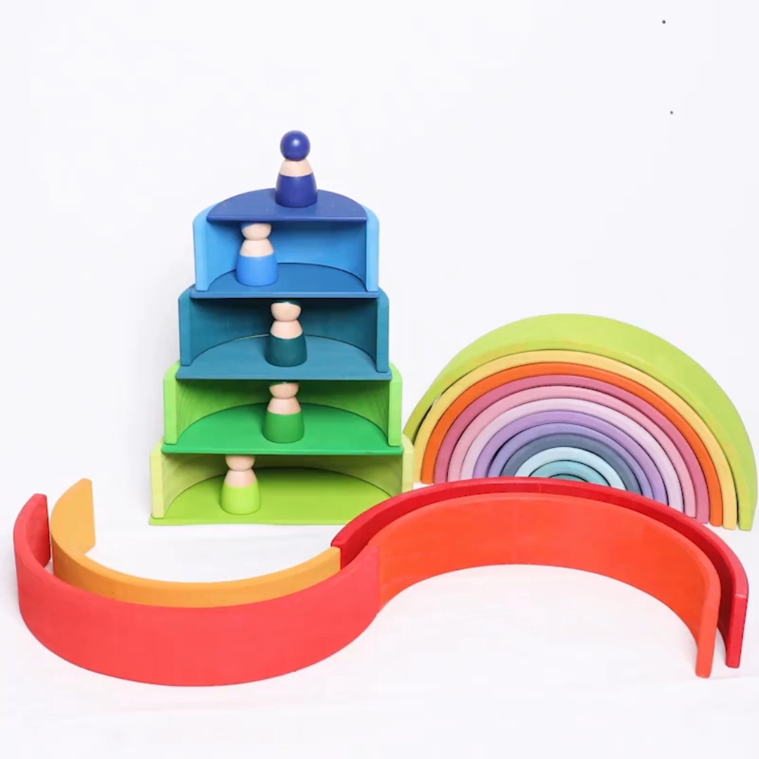 Wholesale 12 PCS Wooden Rainbow Stacking Educational Wooden Nesting Puzzle Blocks Toys for Kids
