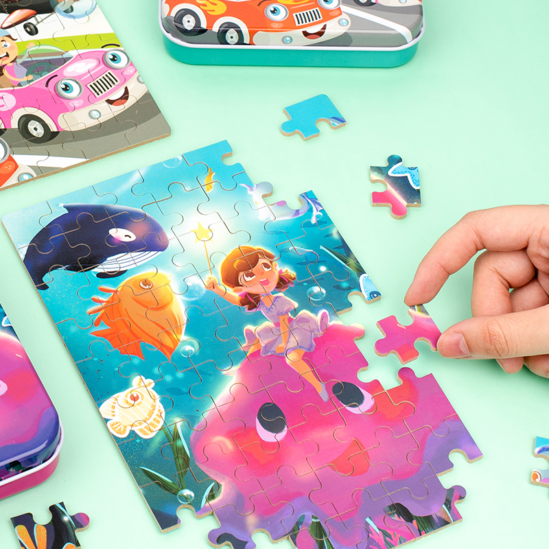 2024 New Product Children Early Educational Learning Wooden 60PCS Iron Box Puzzle Jigsaw Puzzles Toys for Kids Boys and Girls