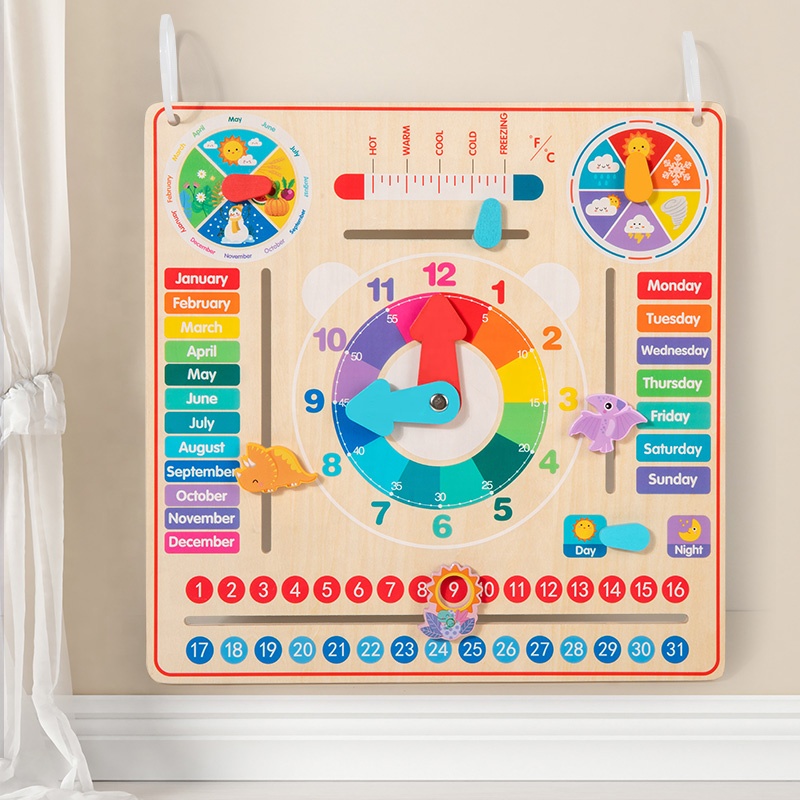 StarQmi Montessori 7-in-1 Eco-friendly Wooden Daily Calendar Clock Toy Preschool Learning Board Weather Season&amp;Time Educational