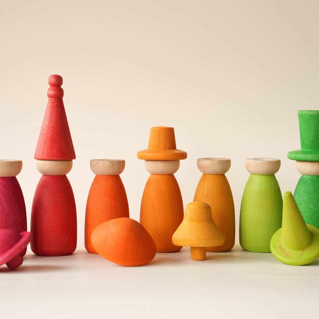 Montessori Educational Wooden Toy Rainbow Hat-Changer Peg Dolls Children Role Play Game Color Matching Stacking for Kid Boy Gril