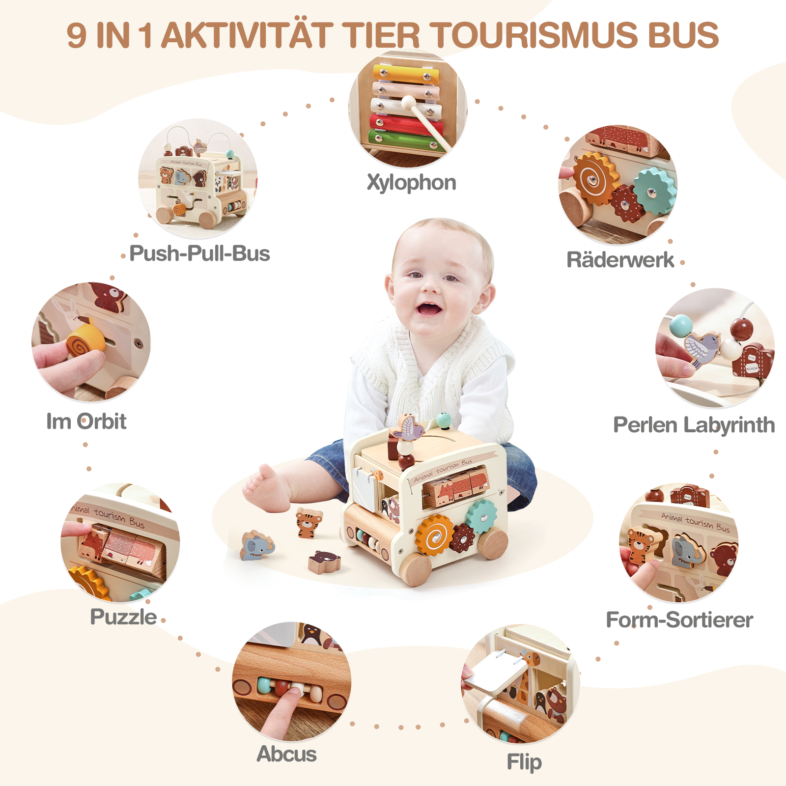 Eco-friendly Wooden Montessori Wooden Educational Toys for Kids Multi Functional Baby Intelligence Developing Bus Toys 0-6 Years