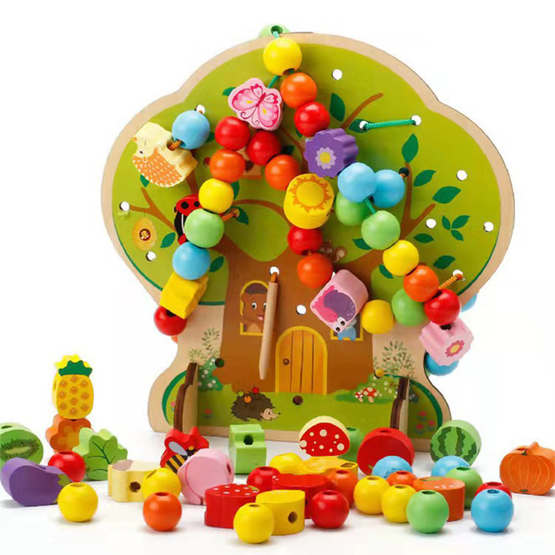 AiJH Wooden Threading Beads Toy Set Educational Kids Puzzle for Fine Motor Skills Montessori Learning Toy for Toddlers Eco-Friendly Wood Toy