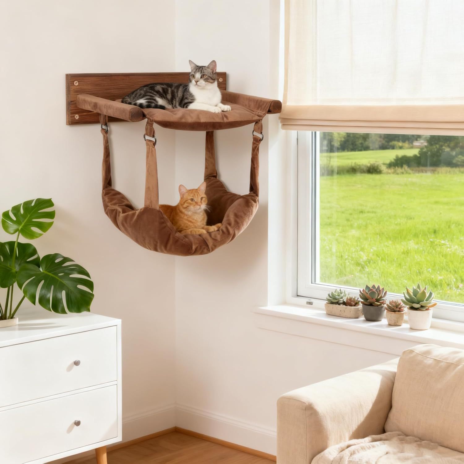 Wooden Wall-Mounted Cat Climbing Rack With Hammock Toy Ladder &amp; Nest-Breathable &amp; Waterproof Design