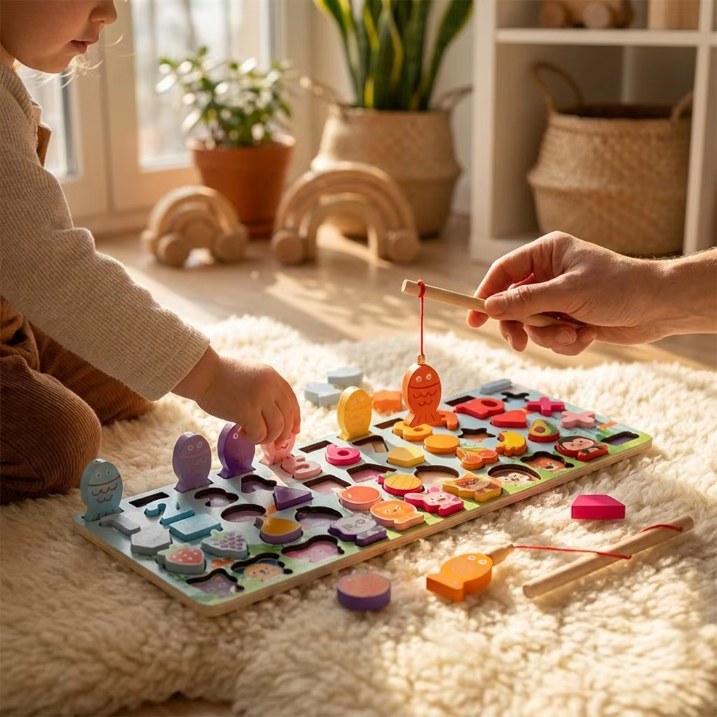 Wooden Multifunction Fishing Puzzle Board Educational Number Shape Matching Sorting Toy For Toddlers Preschool Learning Activity
