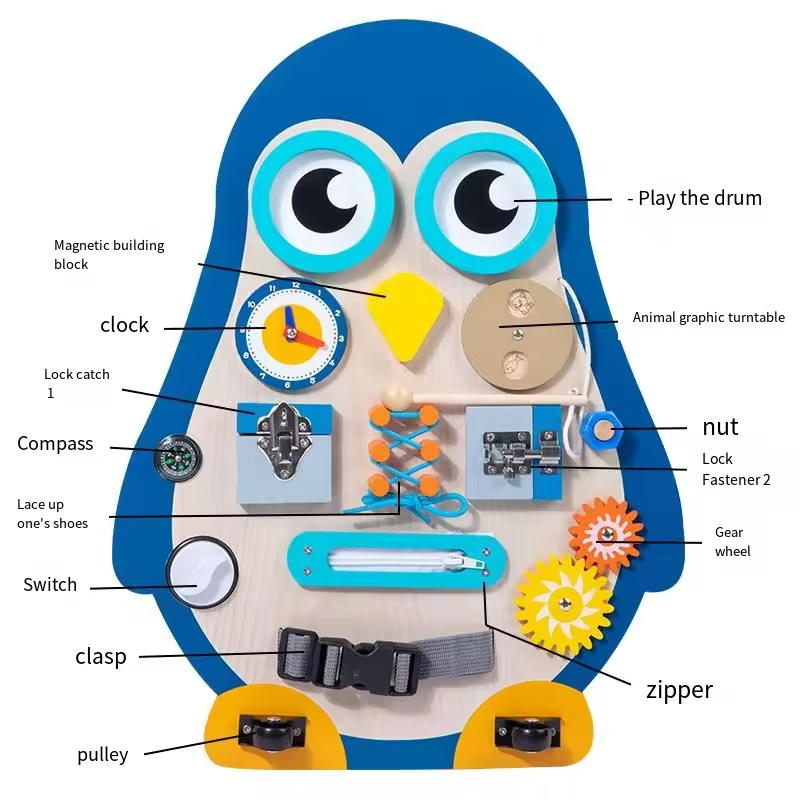 EDULAND Customized OEM/ODM Wooden Hobbies Activity Penguin Busy Board Colorful Sensory Montessori Learning Toys for Kids