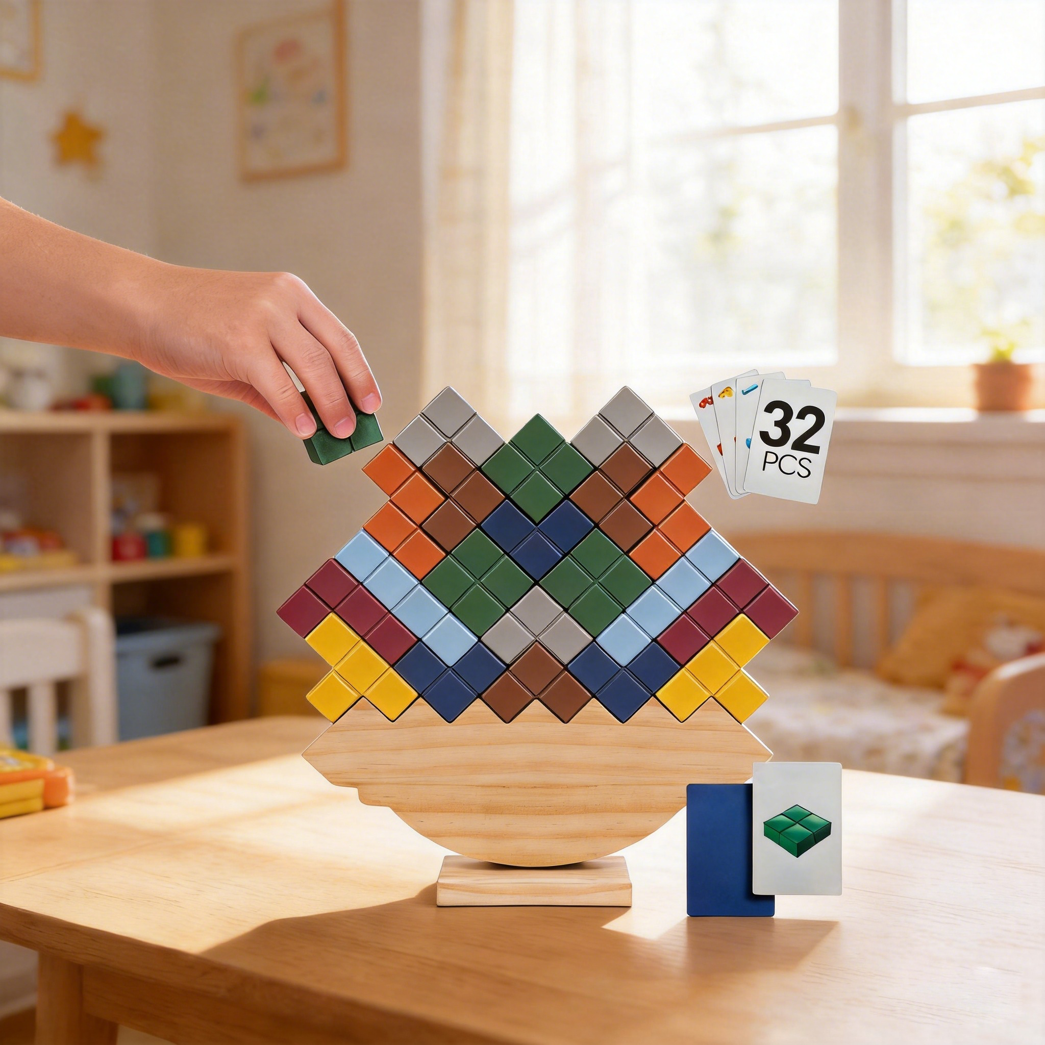 Wooden Tetra Tower Game - 32PCS Stack Attack Game with Building Blocks &amp; Cards, Fun 1+ Players Balance Game