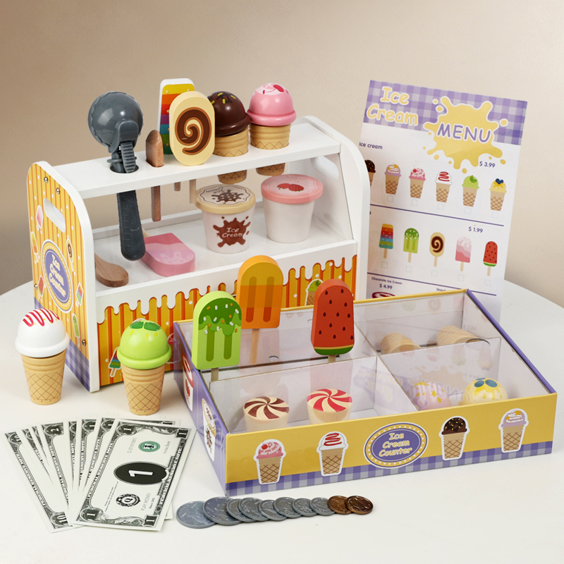 Montessori Wooden Ice Cream Shop Pretend Play Set Dessert Stand with Cones Cash Coins Educational Toy for Boys Girls