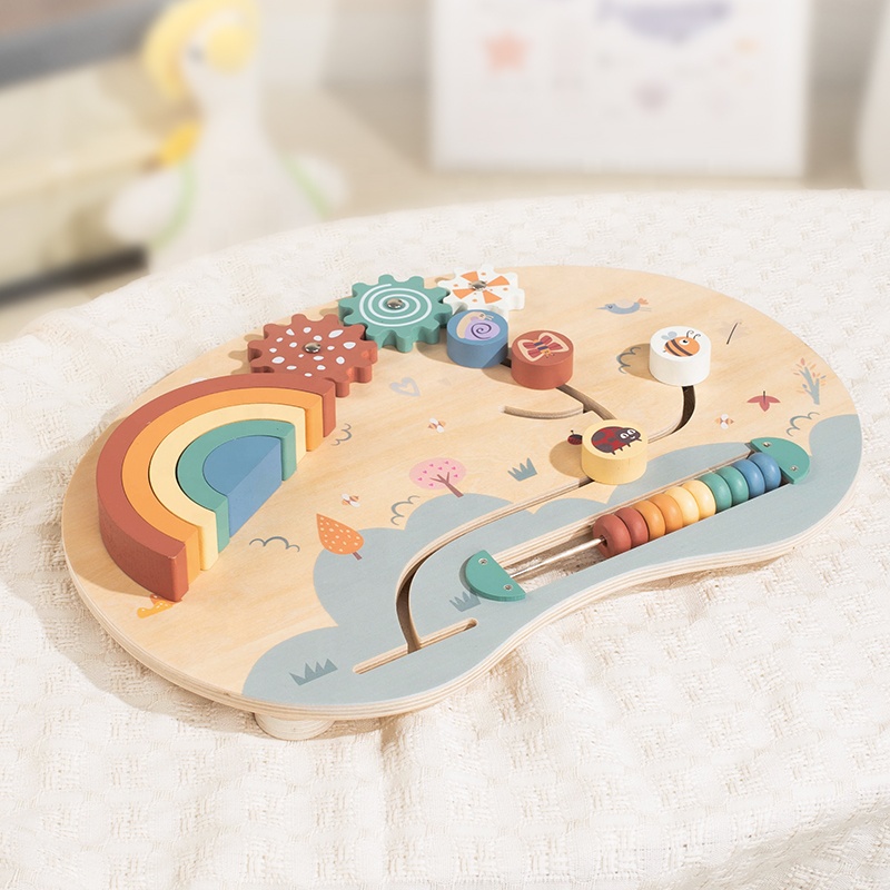 Wooden Activity Board with Rainbow Stacker, Gears, and Abacus for Toddlers, Montessori Educational Sensory Busy Board for Kids