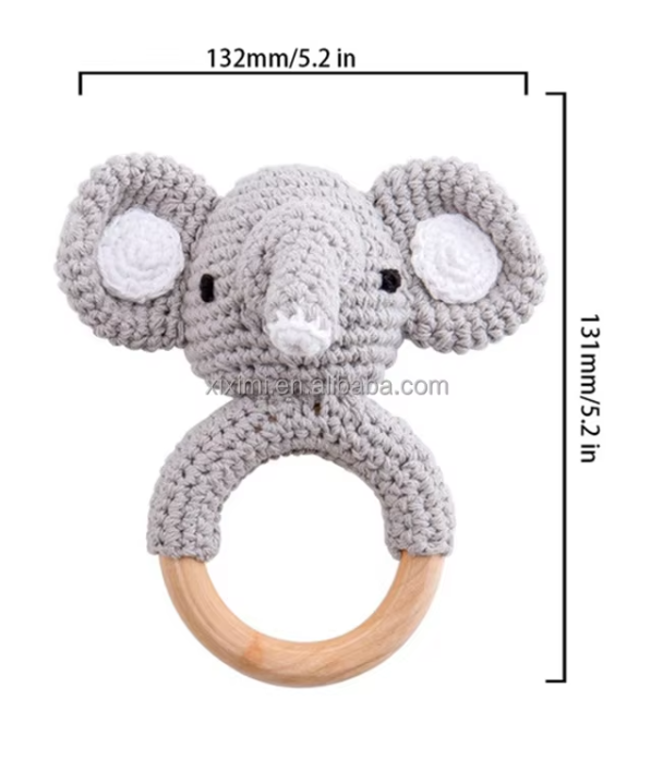 Custom 100% Handmade Beech Wood Baby Crochet Rattle Wooden Teething Toy Animal Wood Ring Crochet Teether Baby Sensory Toy