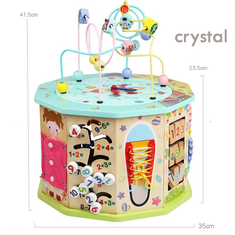 Crystal Multi-Functional Wooden Treasure Box Activity Cube Montessori Educational Bead Maze Busy Board Toy for 3-5 Year Olds