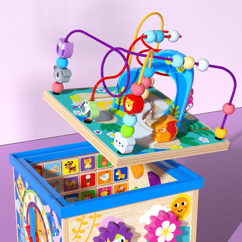 Multifunction Wooden Animal Activity Cube Beaded Maze Gear Shape Matching Letter Recognition Game