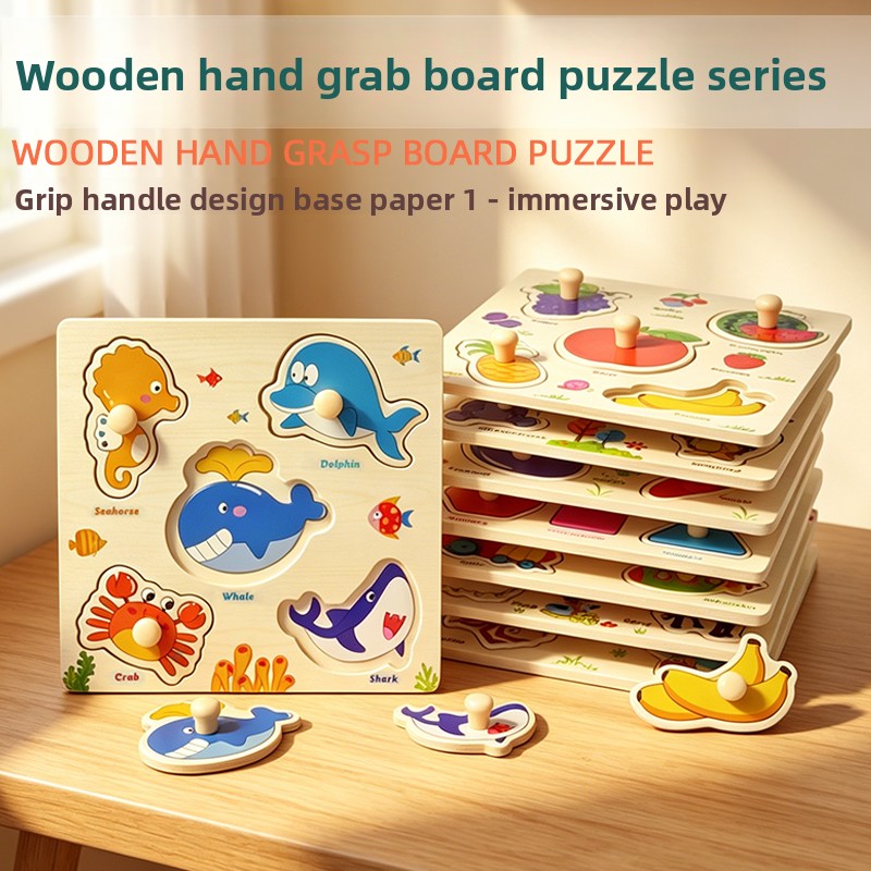 Wooden Pegged Puzzle Board For Toddlers Educational Hand Grasp Knob Puzzle With Animal Fruit Shapes Early Learning Toy For Kids