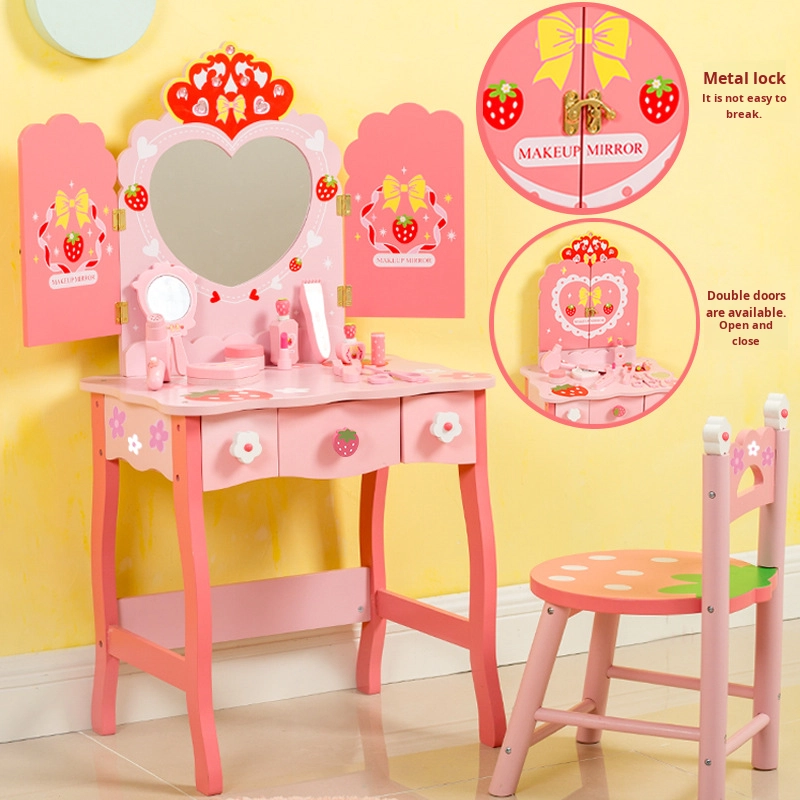 Custom Wooden Simulation Dressing Table Pretend Play Toys Kids Role Play Fun Dressing Table Toy Set with Jewelry Box