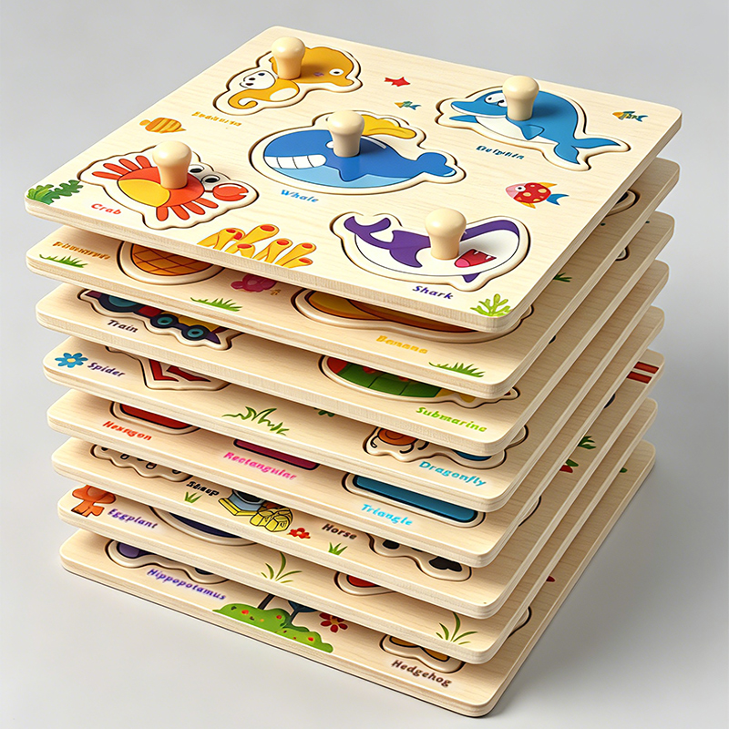 Wooden Pegged Puzzle Board For Toddlers Educational Hand Grasp Knob Puzzle With Animal Fruit Shapes Early Learning Toy For Kids