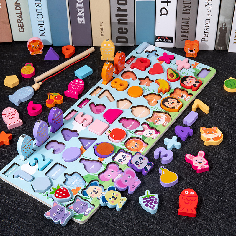 Wooden Multifunction Fishing Puzzle Board Educational Number Shape Matching Sorting Toy For Toddlers Preschool Learning Activity