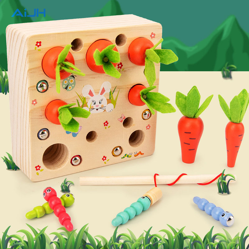 AiJH Wood Carrot Harvest Board Game Magnetic Catch Worms Toy For Toddlers Fine Motor Skills And Sensory Play Activity Toys