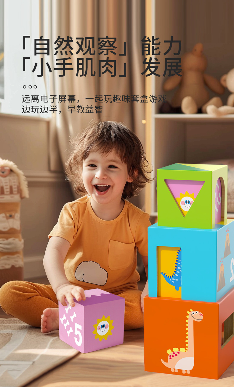 New Montessori Sensory Toy Wooden Stacking Boxes for Kids Color Recognition Educational Toy Art Style Nesting Blocks Set