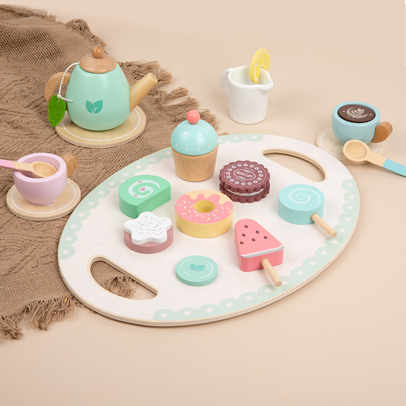 Children's Wooden Afternoon Tea Set for 3-7 Year Olds Role Playing Cake &amp; Dessert Making Toy