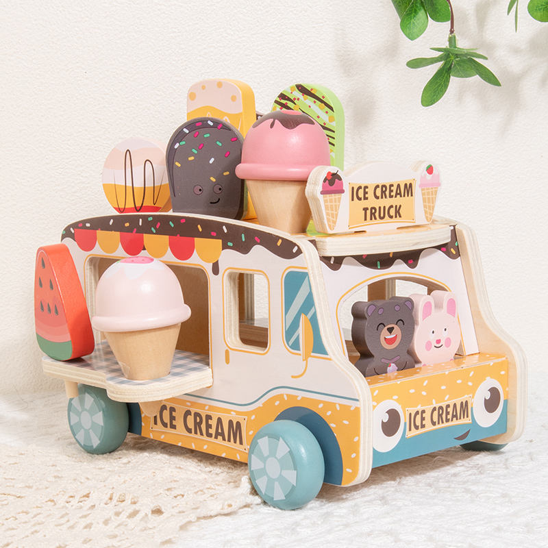 Kids Wooden Simulation Ice Cream Shop Pretend Play Accessories Set Early Learning Educational Role Play Toy for Boys Girls